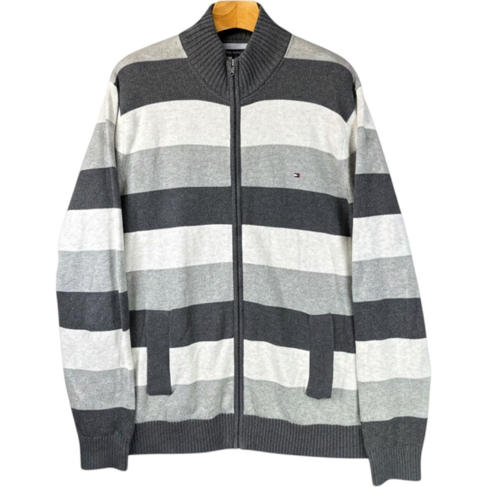 Tommy Hilfiger Full Zip Cardigan Mens XXL Academia Striped Preppy Mock Neck Top